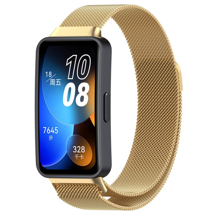 Gold mesh metal watch band fitted to a rectangular fitness tracker.
