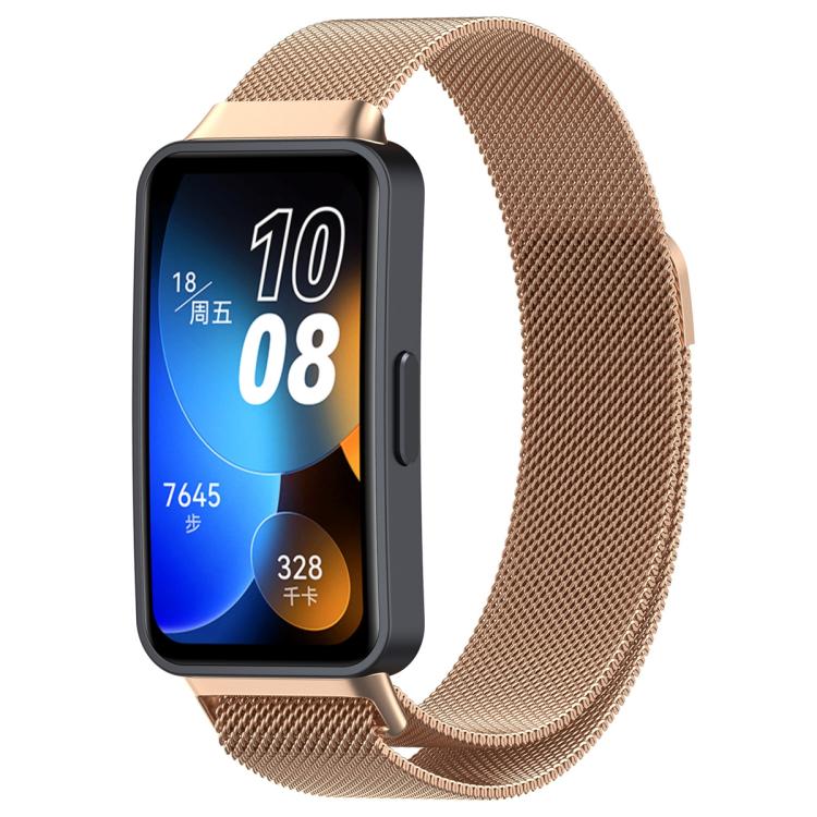 Rose gold mesh metal watch band fitted to a rectangular fitness tracker.
