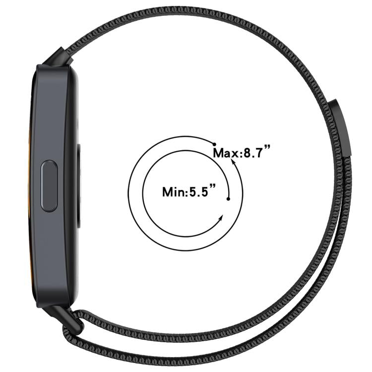 Black Milanese metal watch band shown with an adjustable wrist range of 5.5 to 8.7 inches.