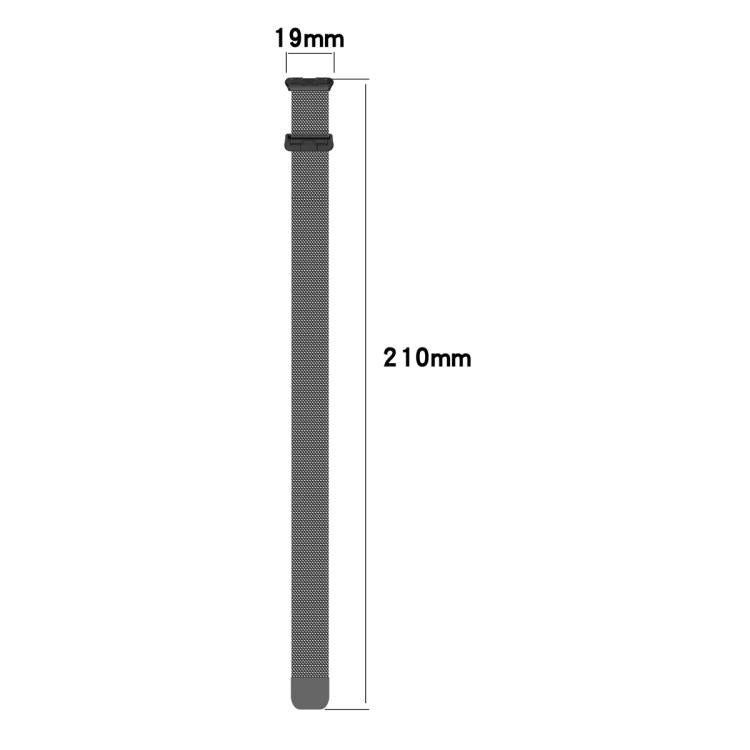 Milanese metal watch band measuring 19 mm wide and 210 mm long.