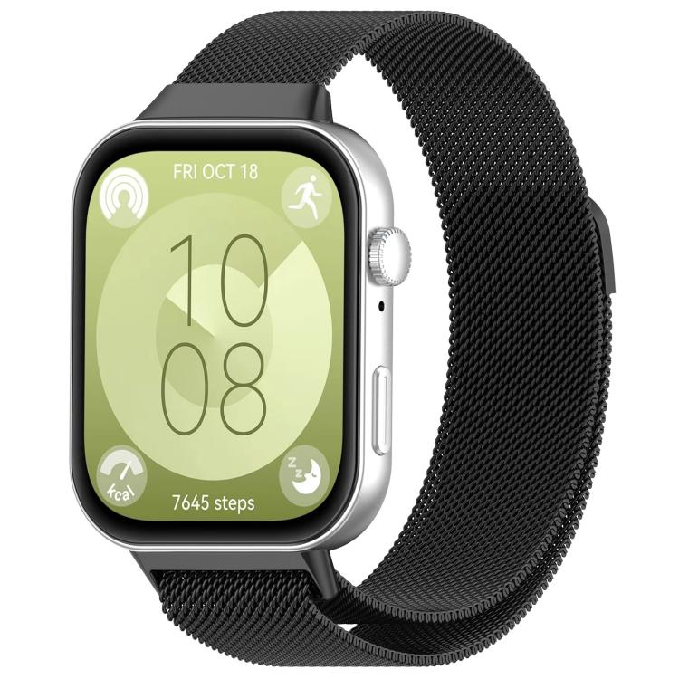 Black Milanese metal watch band shown on a silver smartwatch