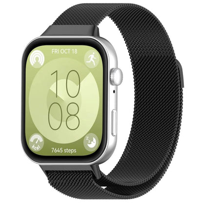 Black Milanese metal watch band shown on a silver smartwatch