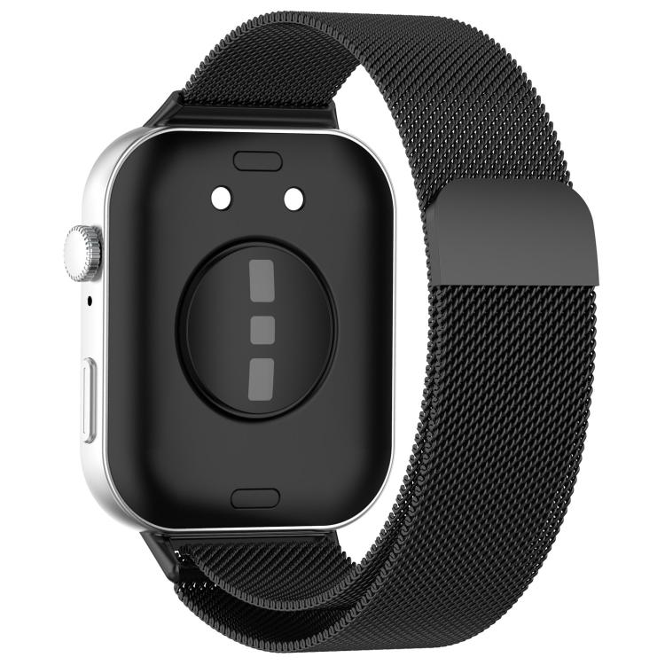 Black Milanese metal watch band fitted to a smartwatch, shown from the back