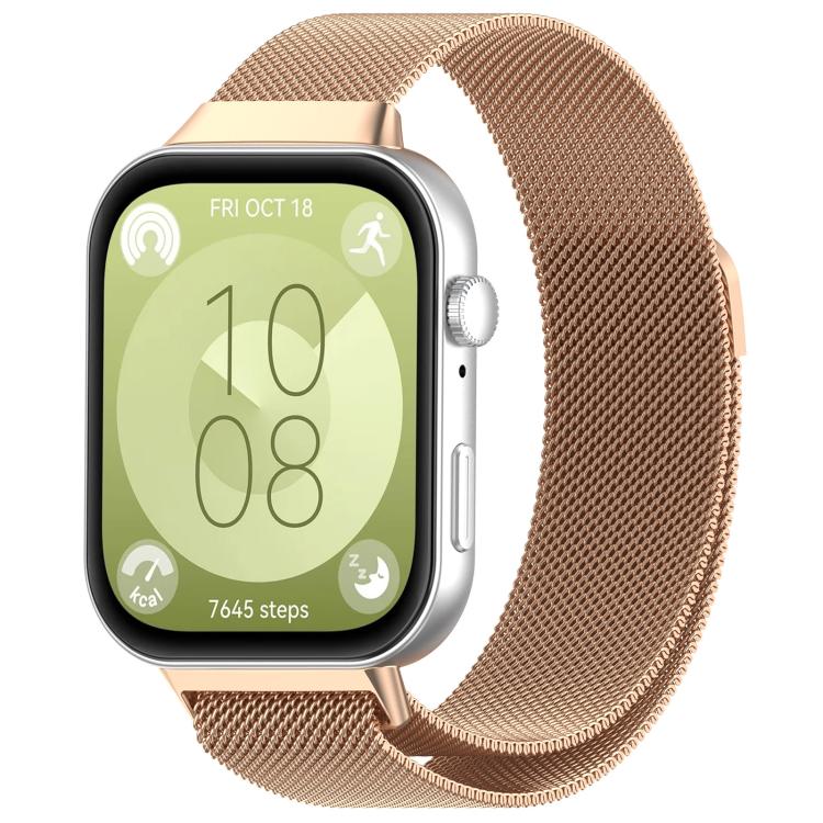 Rose gold Milanese metal watch band shown on a silver smartwatch