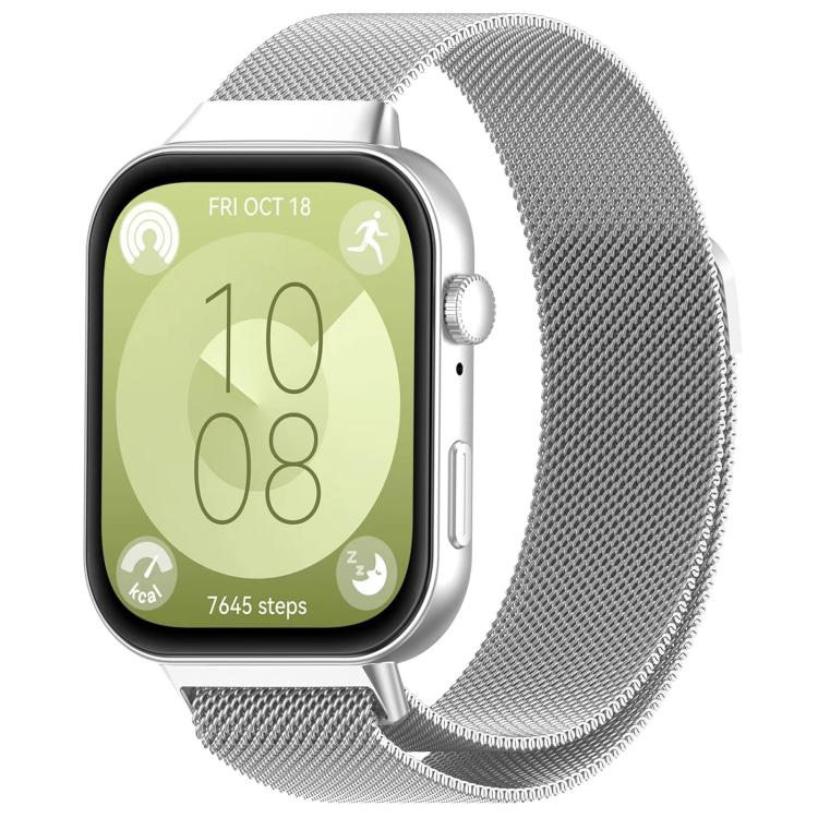 Silver Milanese metal watch band shown on a silver smartwatch