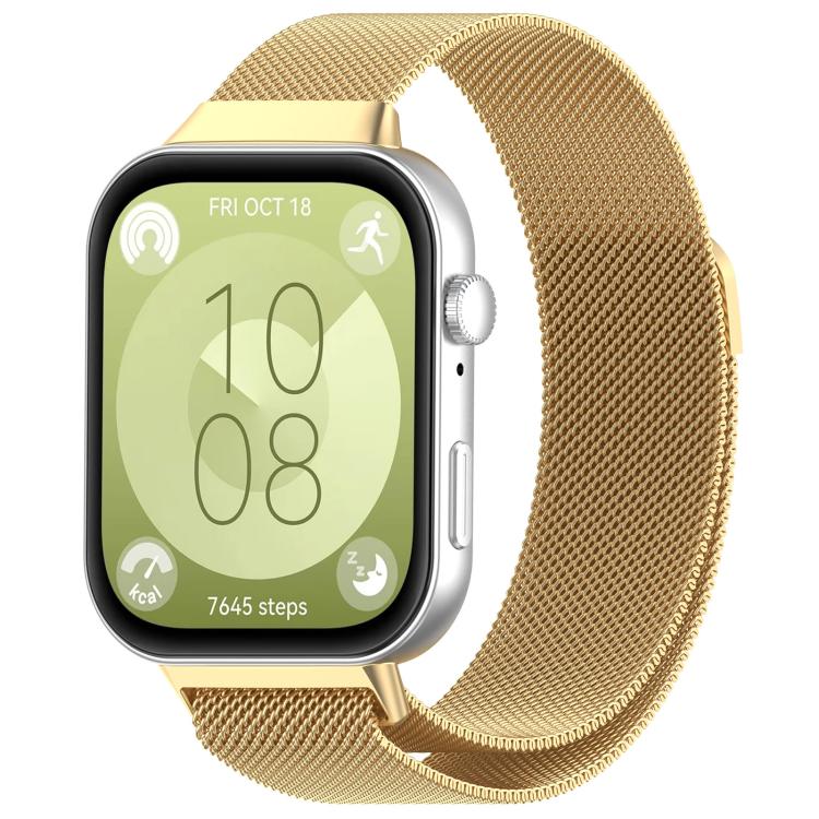 Gold Milanese metal watch band shown on a silver smartwatch