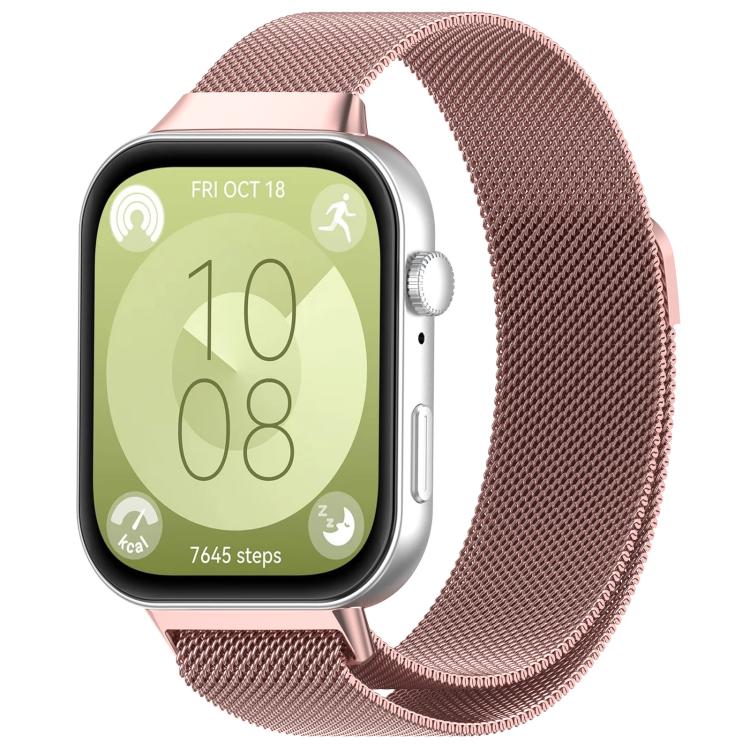 Rose pink Milanese metal watch band shown on a silver smartwatch