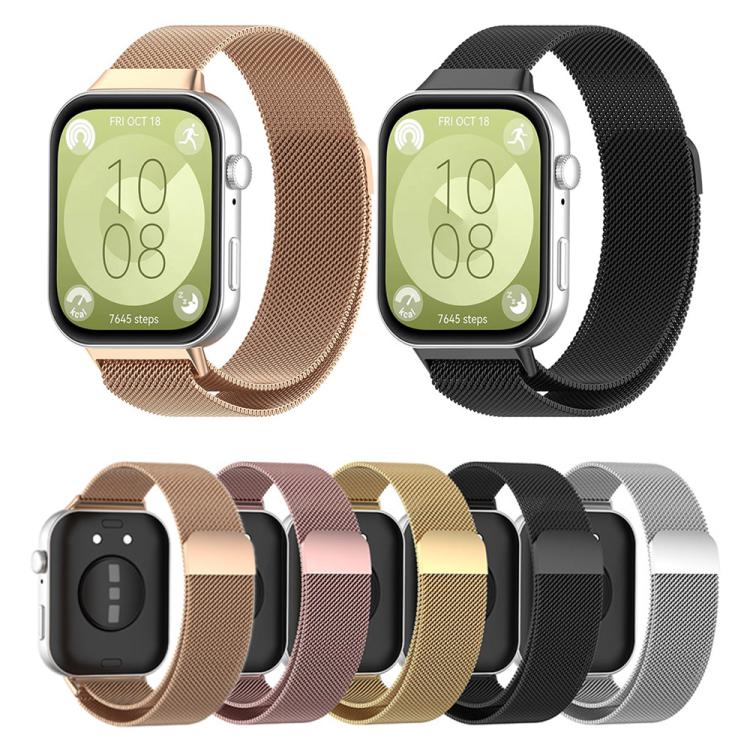 Milanese metal watch bands in five colors, shown on and beside smartwatches