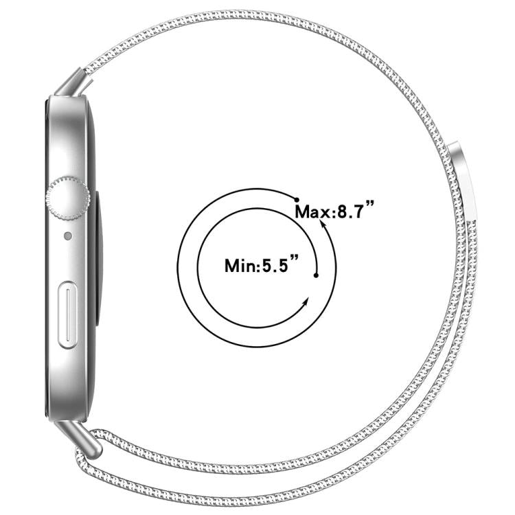 Silver Milanese metal watch band with adjustable wrist size from 5.5 to 8.7 inches