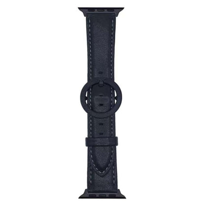 Leather Apple Watch band in dark navy with round buckle and contrast stitching