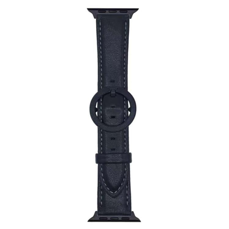 Dark leather Apple Watch band with round buckle, adjustment holes, and stitched edges