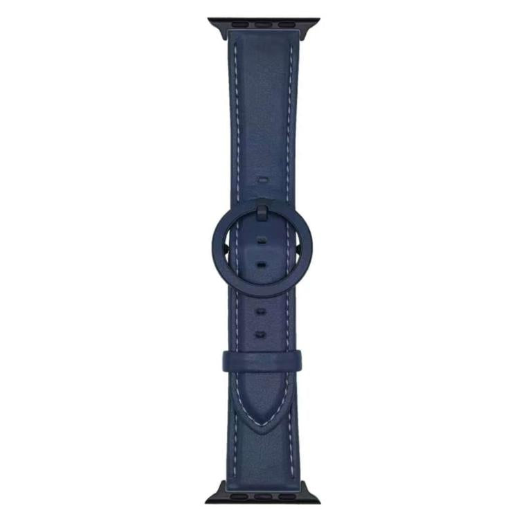 Blue leather Apple Watch band with circular buckle and multiple adjustment holes
