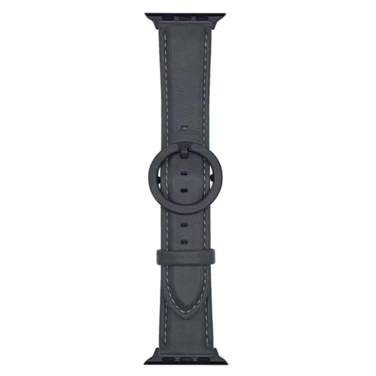 Gray leather Apple Watch band with circular buckle and stitched edges