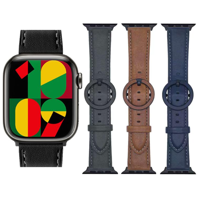 Apple Watch with black leather band beside gray, brown, and blue round-buckle bands