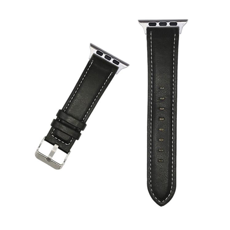 Black Crazy Horse leather watch band with white stitching, silver buckle, and adjustment holes.