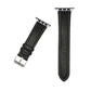 Black Crazy Horse leather watch band with white stitching, silver buckle, and adjustment holes.