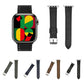 Black leather watch band shown on a smartwatch, with extra band colors pictured below.