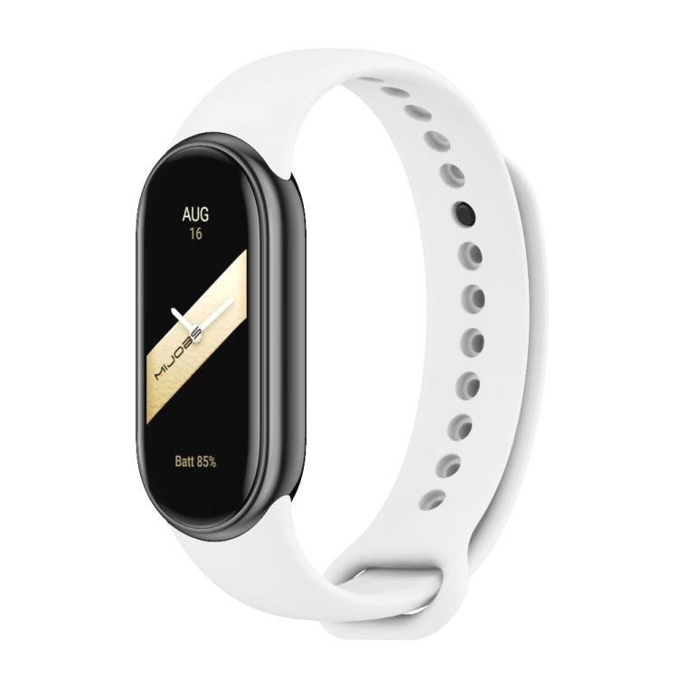 White silicone watch band with adjustment holes and metal buckle, shown on a smartwatch