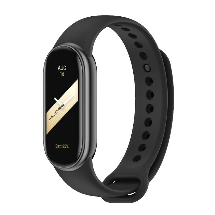 Black silicone watch band with adjustment holes and metal buckle