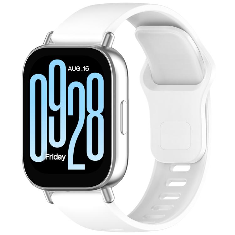 White silicone watch band with reverse buckle, shown attached to a smartwatch.