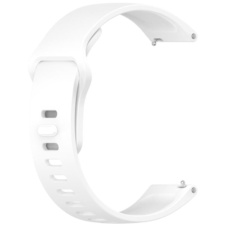 White silicone watch band with a reverse buckle and multiple adjustment holes.