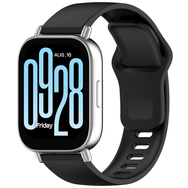 Black silicone watch band with reverse buckle, shown on a smartwatch