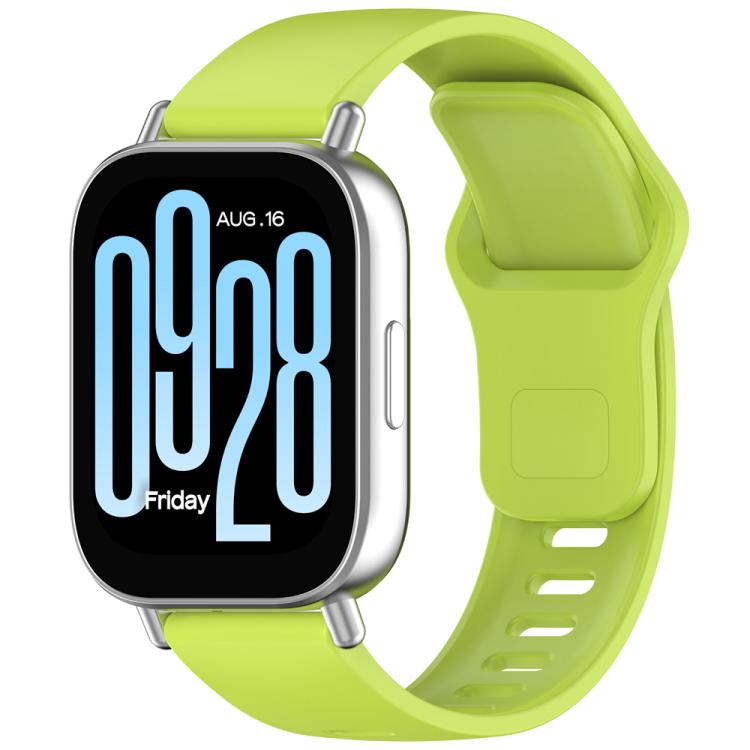 Lemon green silicone watch band with reverse buckle, shown attached to a smartwatch.