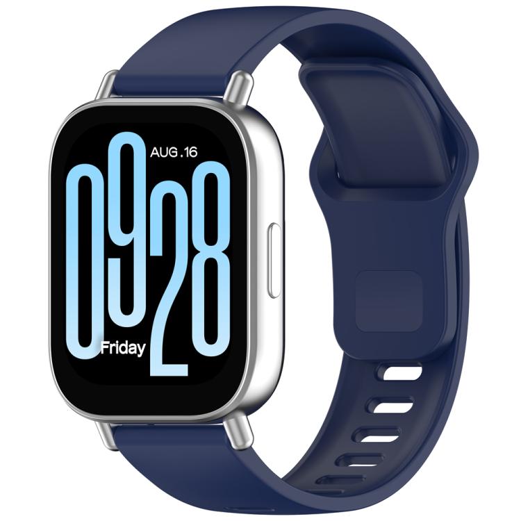 Dark blue silicone watch band with reverse buckle, shown attached to a smartwatch.