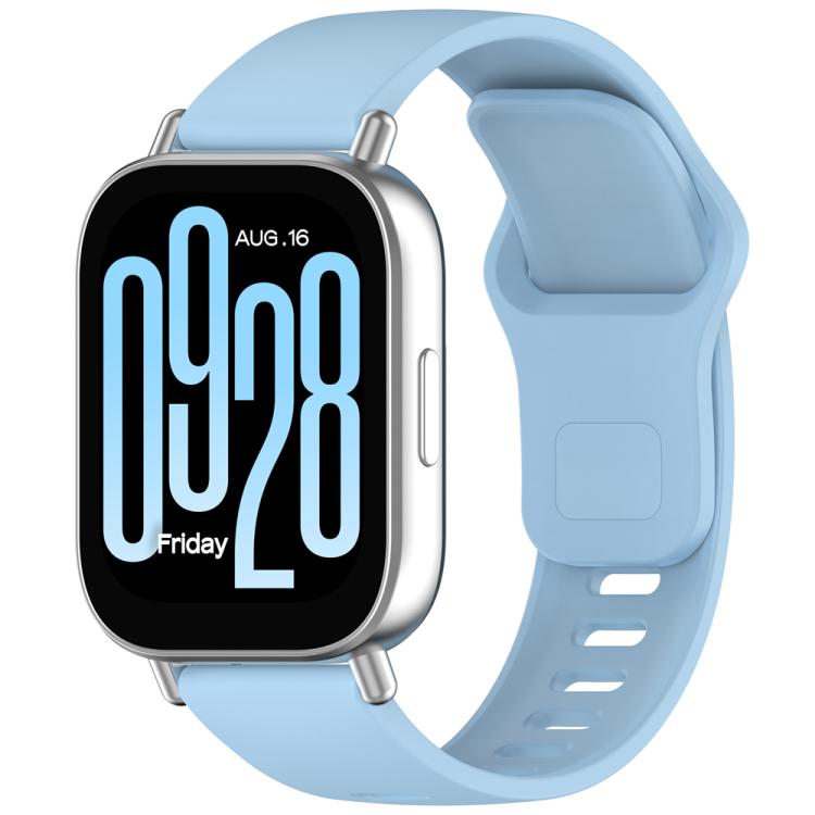 Light blue silicone watch band with reverse buckle, shown on a smartwatch