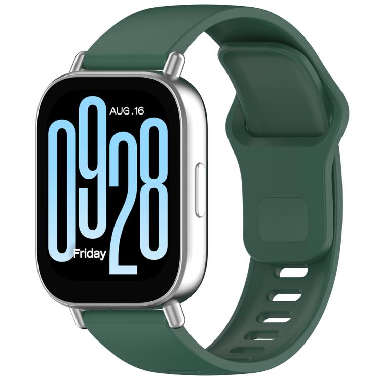 Pine green silicone watch band with reverse buckle, shown on a smartwatch