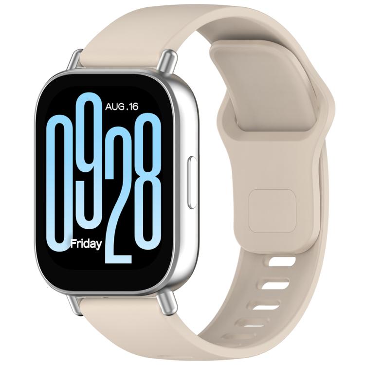 Ivory silicone watch band with reverse buckle, shown on a smartwatch