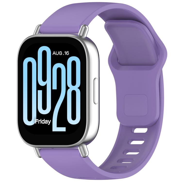 Lavender purple silicone watch band with reverse buckle, shown on a smartwatch