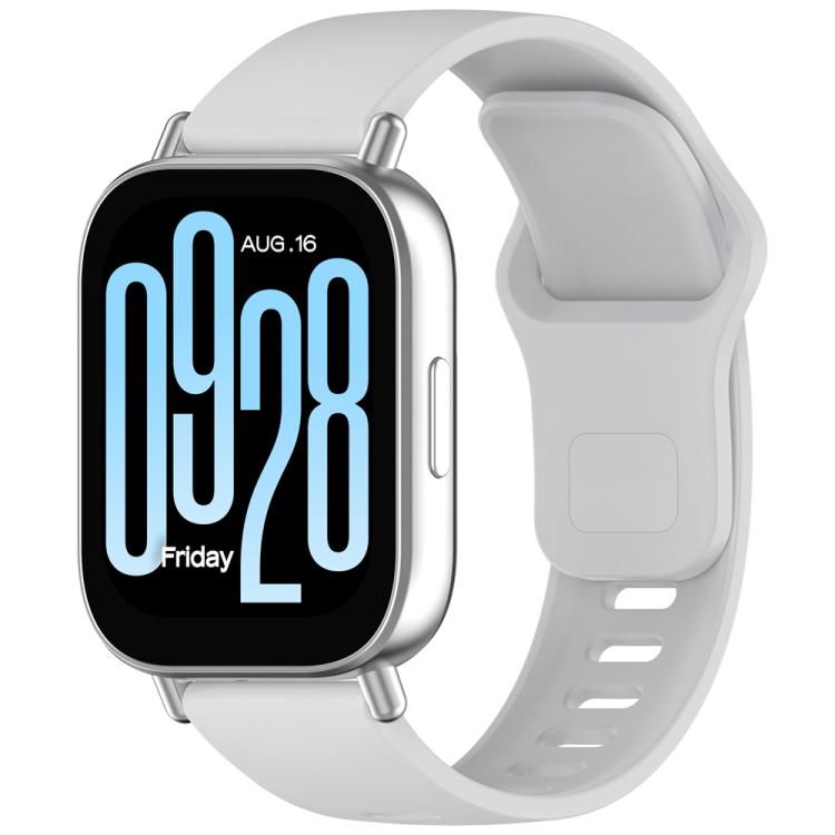 Gray silicone watch band with reverse buckle, shown attached to a smartwatch.