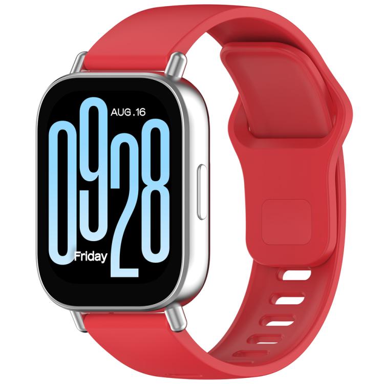 Red silicone watch band with reverse buckle, shown attached to a smartwatch.