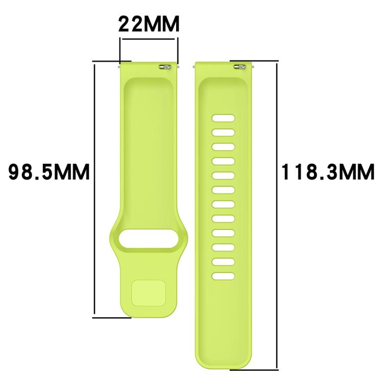 Lemon green silicone watch band pieces with adjustment holes and size measurements.