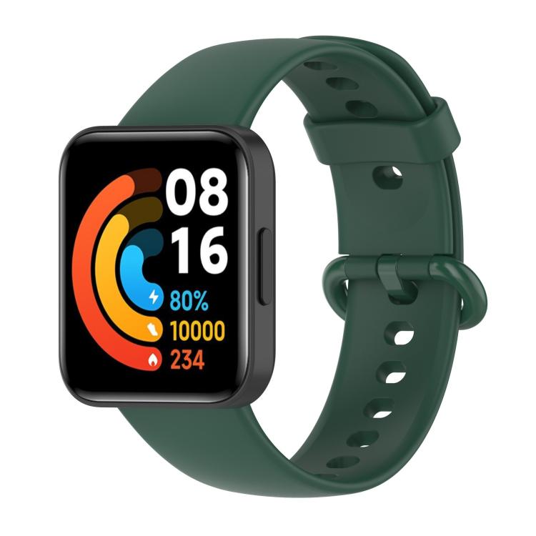 Dark green silicone watch band with rectangular smartwatch and matching buckle