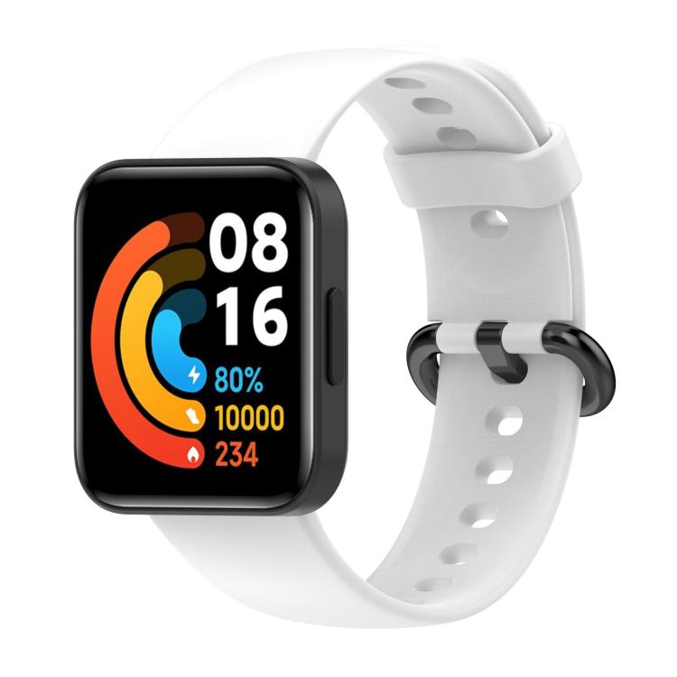 White silicone watch band with rectangular smartwatch and black buckle