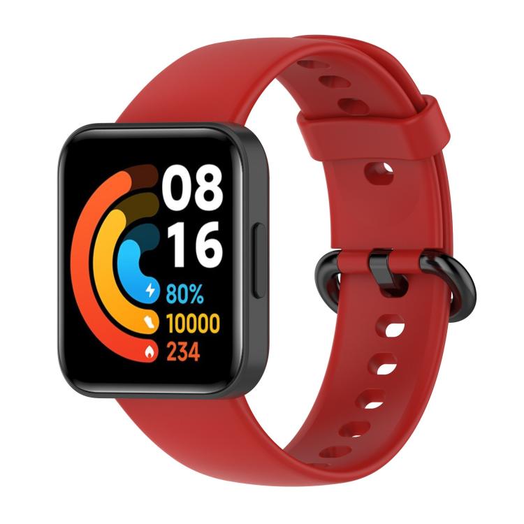 Red silicone watch band with rectangular smartwatch and black buckle