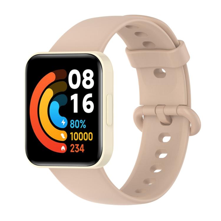 Beige silicone watch band with rectangular smartwatch and adjustable buckle