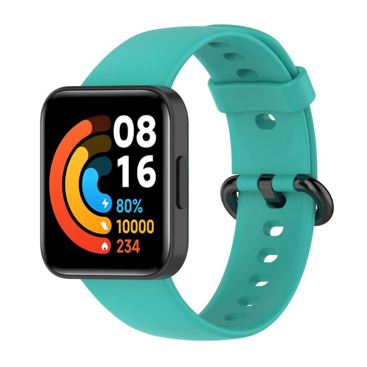 Cyan silicone watch band with rectangular smartwatch and black buckle