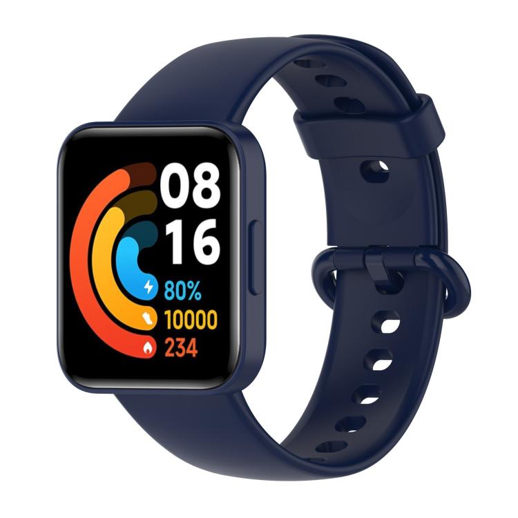Navy silicone watch band with rectangular smartwatch and matching buckle