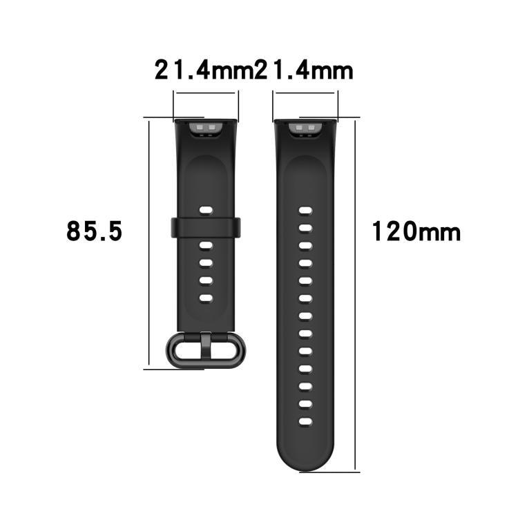 Black silicone watch band in two pieces with width and length measurements.