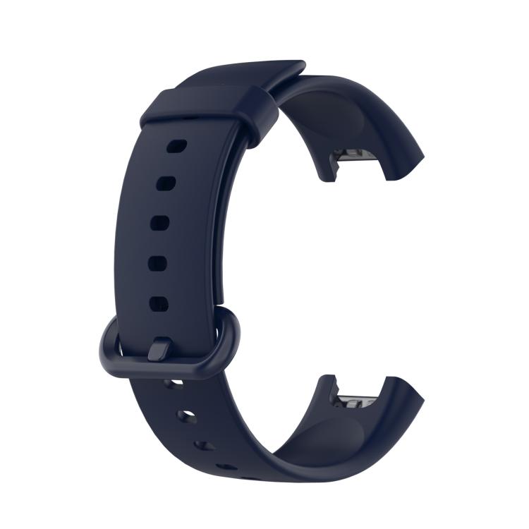 Navy silicone watch band with adjustment holes, buckle, and strap loop.