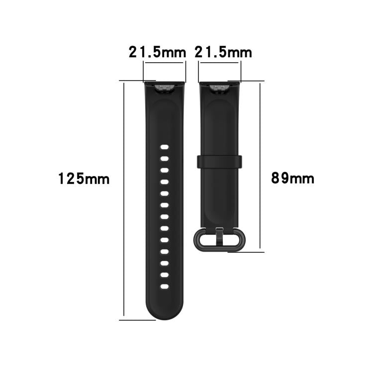 Black silicone watch band shown in two pieces with length and width measurements.