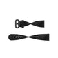 Black silicone watch band shown in two pieces with buckle and adjustment holes