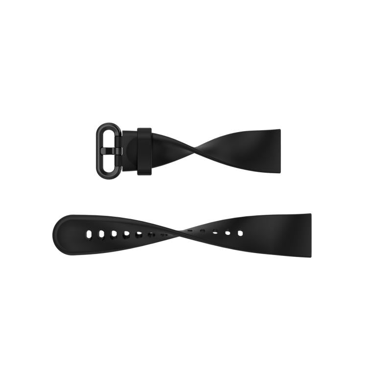 Black silicone watch band shown in two pieces with buckle and adjustment holes