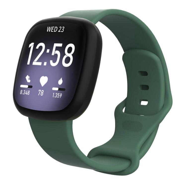Fitbit-compatible dark green silicone watch band with a smartwatch and adjustable holes
