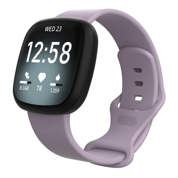 Light purple silicone watch band with a black square smartwatch, buckle holes and loop closure