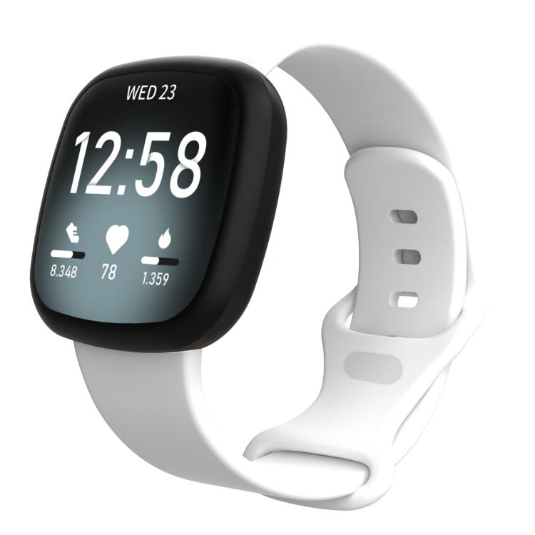White silicone smartwatch band with a curved strap and adjustment holes
