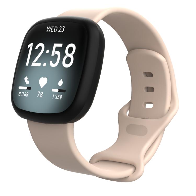 Light beige silicone watch band shown attached to a smartwatch, with adjustment holes.